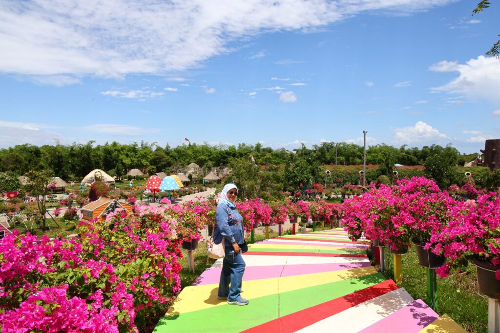 A rainbow-painted path through bright pink bougainvillea at Angkor Wonder Garden